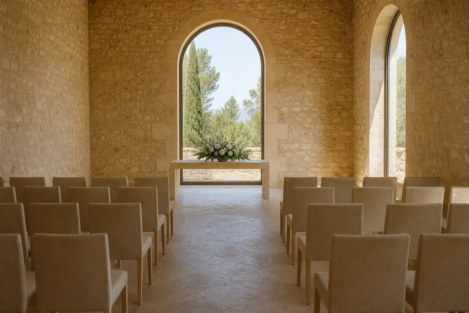 Salle de recueillement sobre et lumineuse, sans symbole religieux exclusif